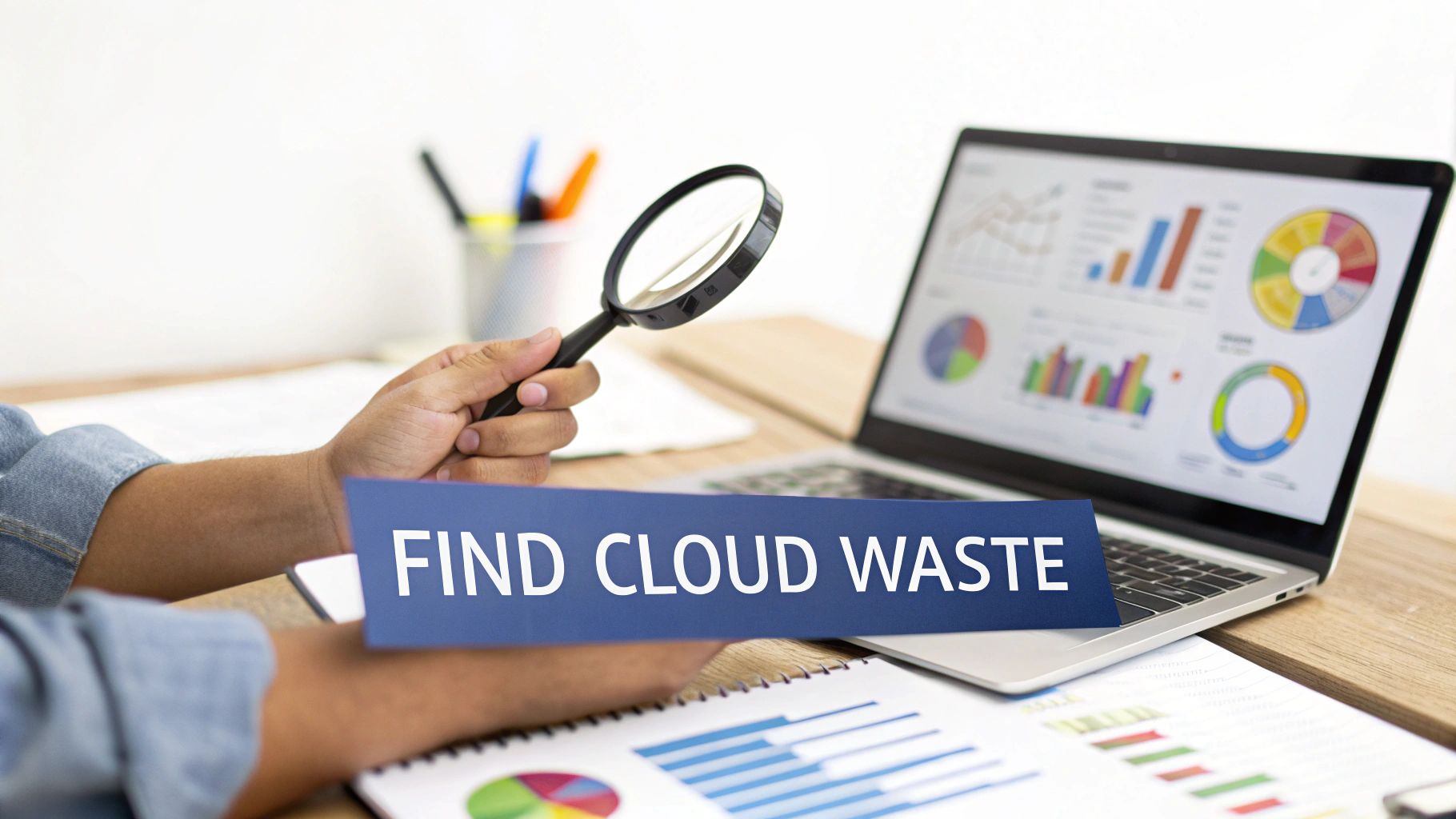 A person uses a magnifying glass to find cloud waste, analyzing charts on a laptop.