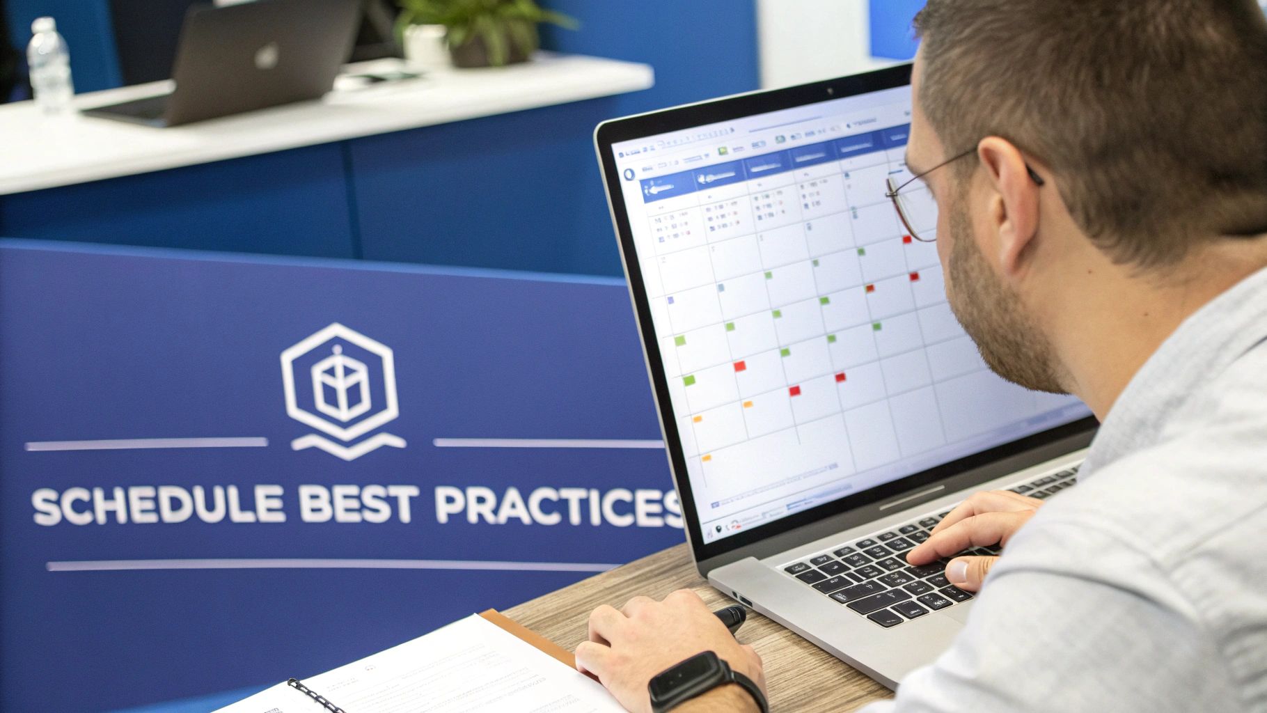 A man reviews a digital calendar on a laptop, optimizing his schedule for best practices.