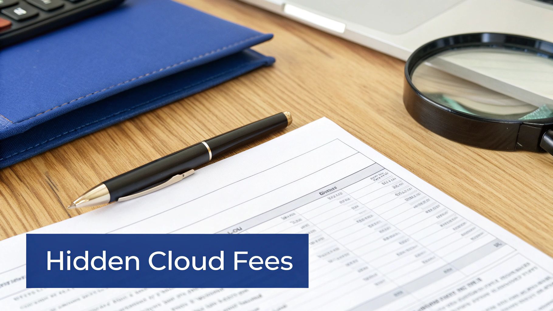 An iceberg with the tip visible above water and a much larger, hidden mass below, symbolizing the hidden costs of cloud computing.