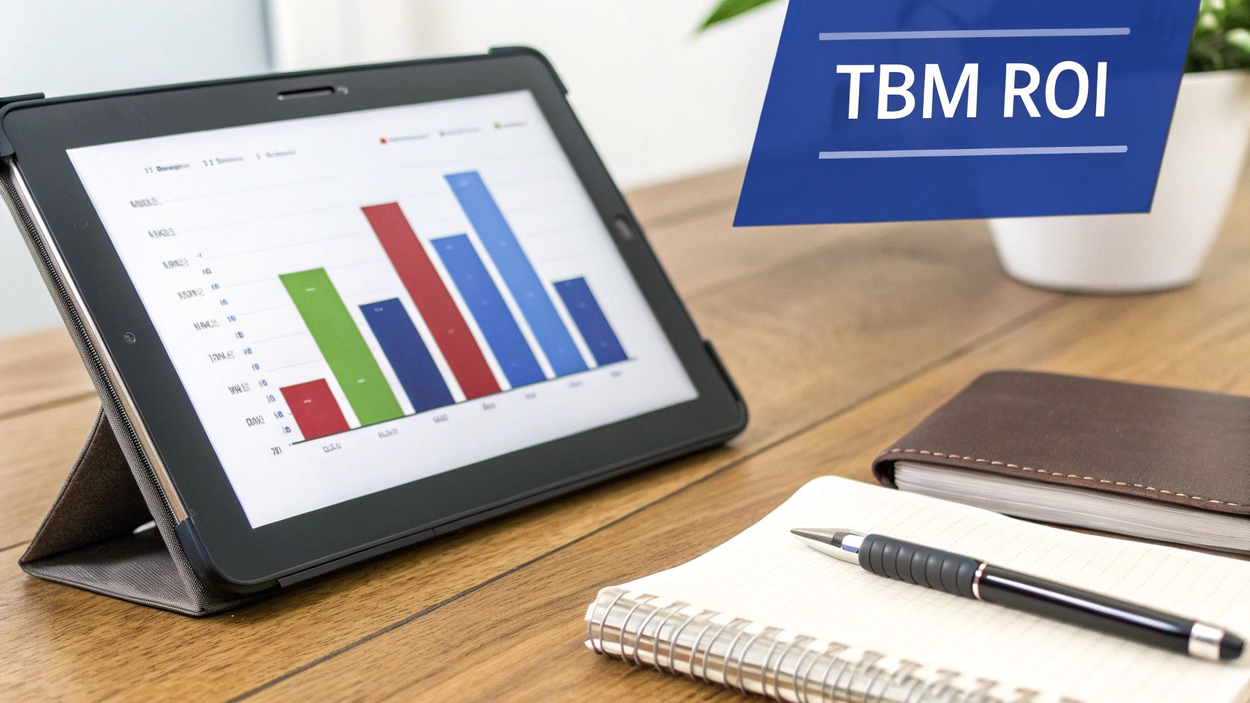 A tablet displaying a colorful bar chart and 'TBM ROI' text on a wooden desk.