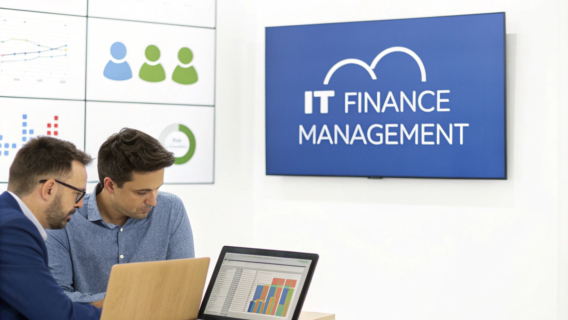 Two men discussing financial data on a laptop in an IT finance management office.