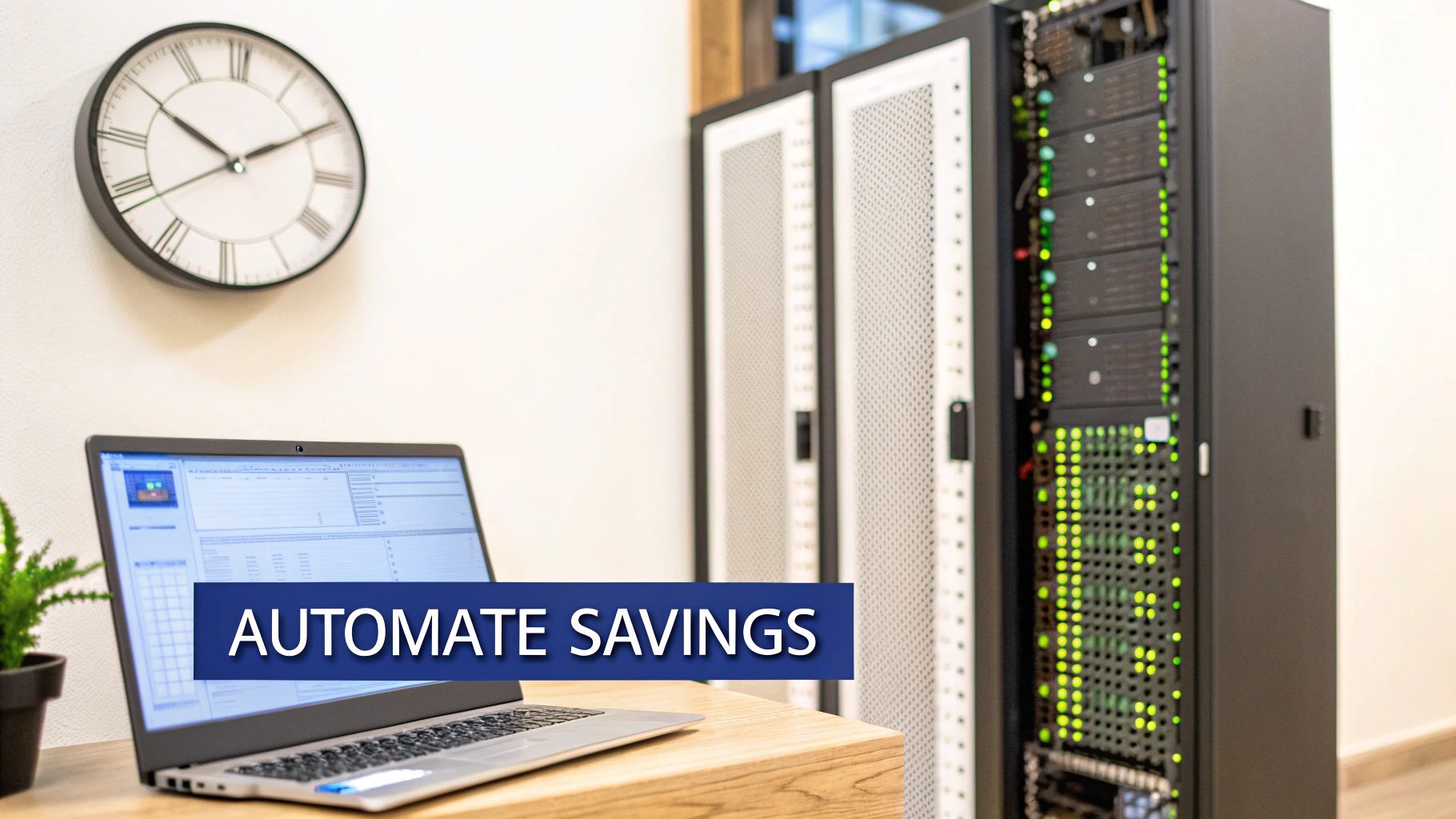 A modern data center workspace with a laptop displaying 'Automate Savings' in front of server racks and a clock.