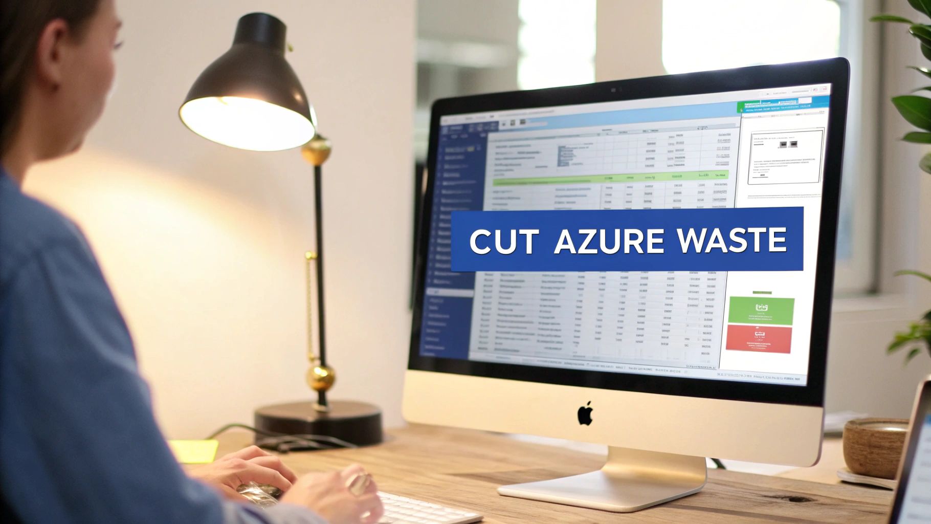 A person works on an Apple iMac, displaying software for Azure waste reduction and cost optimization.