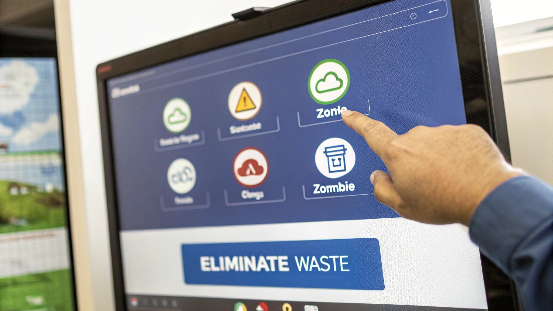 A hand points to a green cloud icon labeled "Zonie" on a computer screen displaying a resource management application.