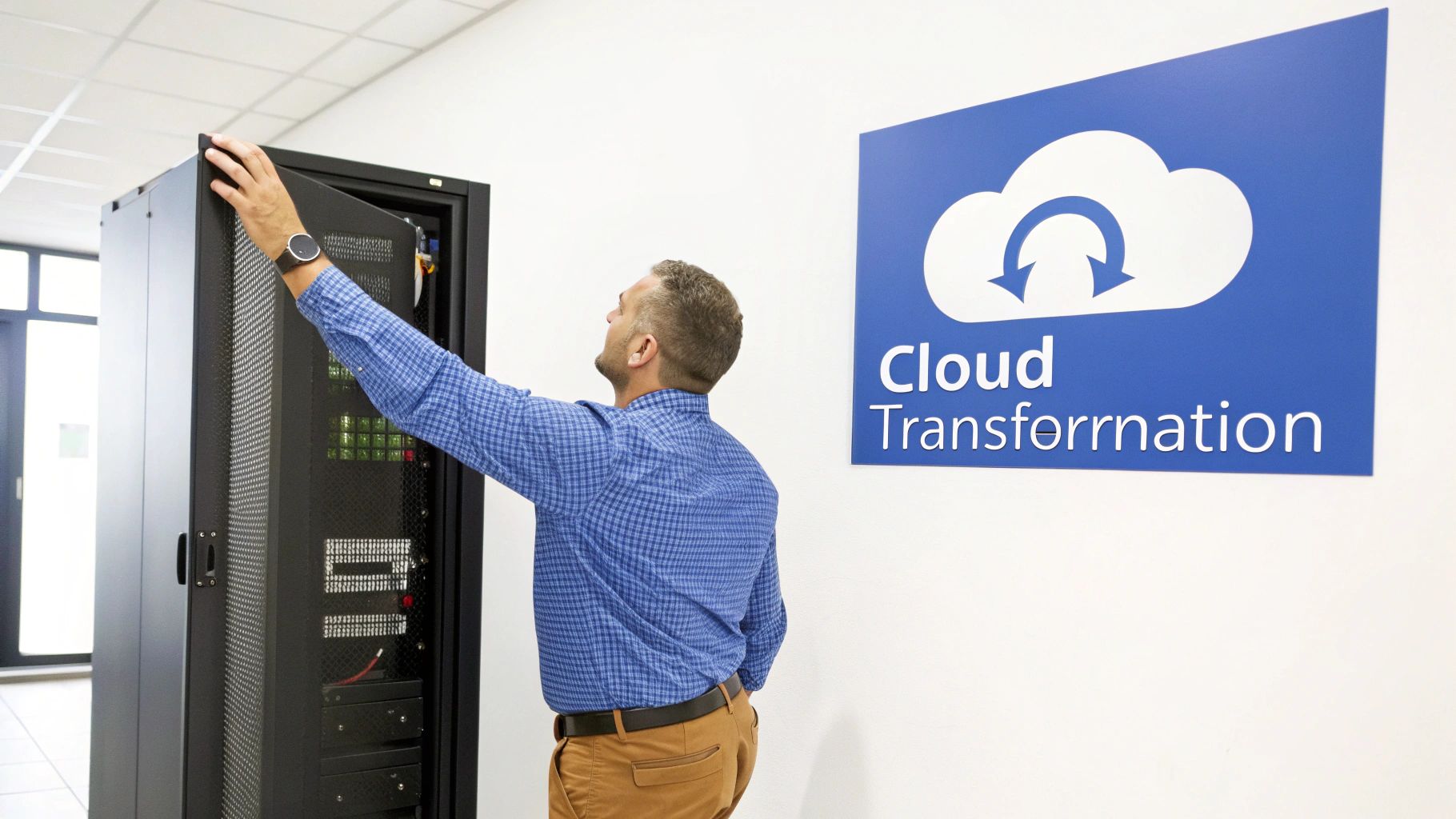 Man maintaining a server rack in a data center, with a "Cloud Transformation" sign on the wall.