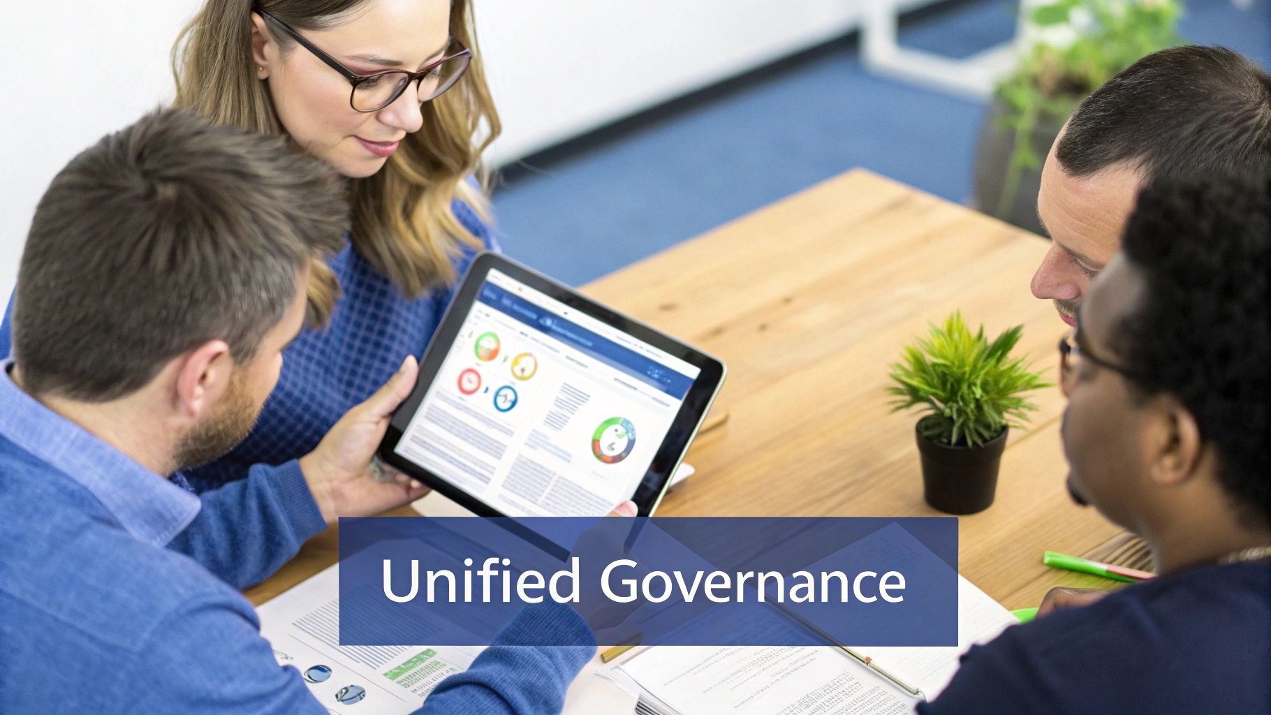 Business team reviewing unified governance dashboard with colorful charts on tablet device during meeting