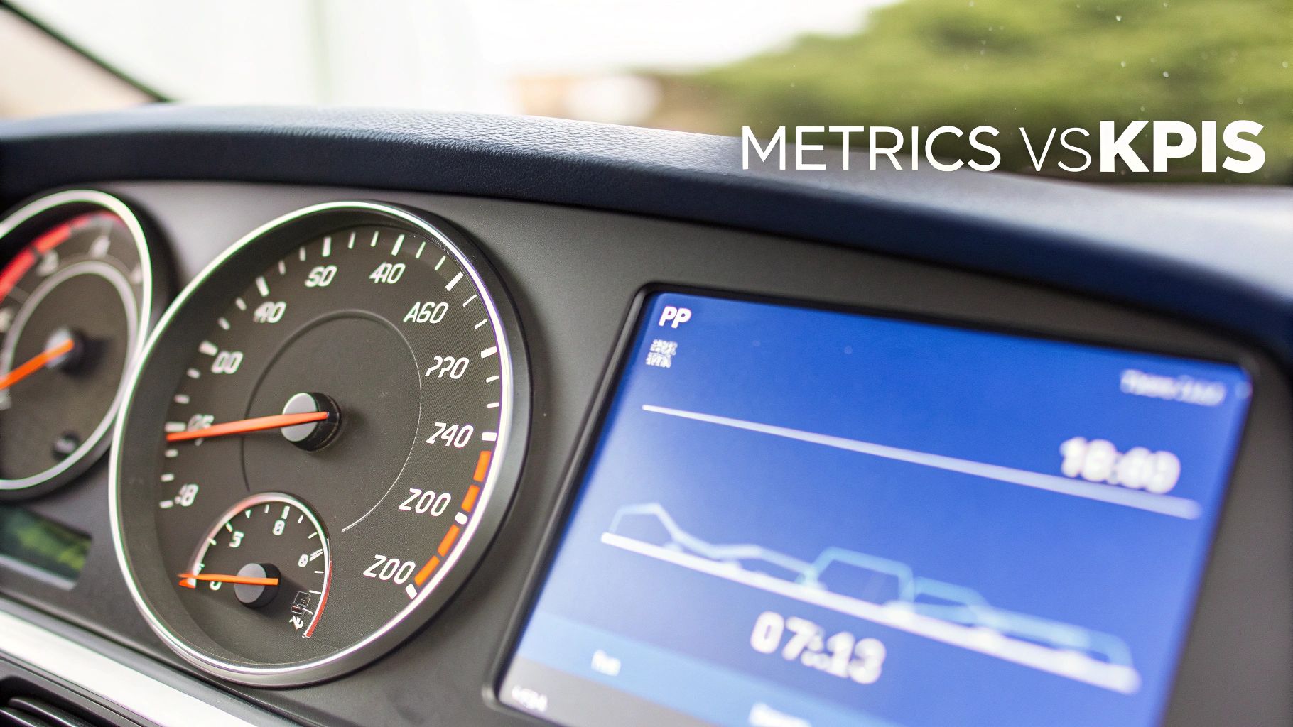 A car dashboard displaying speedometer, other gauges, a digital screen, and text 'METRICS VS KPIS'.