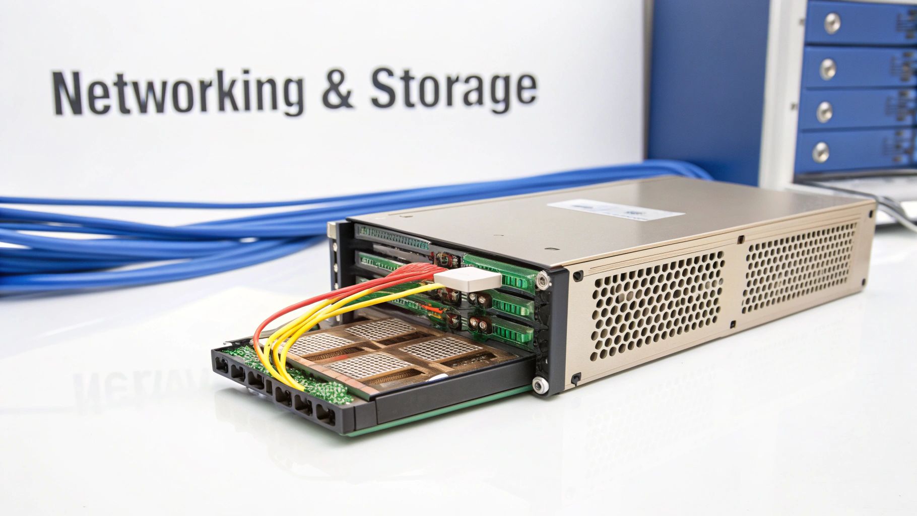 An open server unit with internal circuit boards, colorful cables, and a "Networking & Storage" sign.