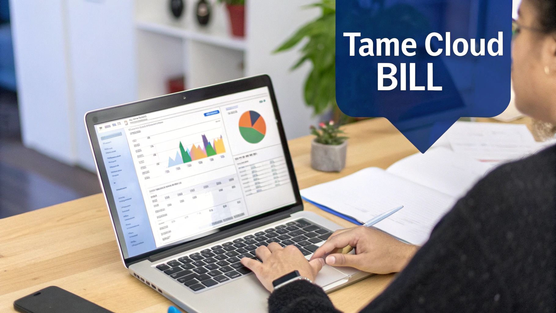 A person types on a laptop displaying charts and data, with a 'Tame Cloud BILL' overlay.