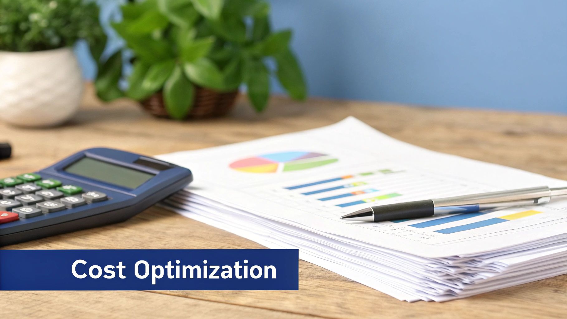 A calculator, financial charts on paper, and a pen on a desk, with a 'Cost Optimization' banner.