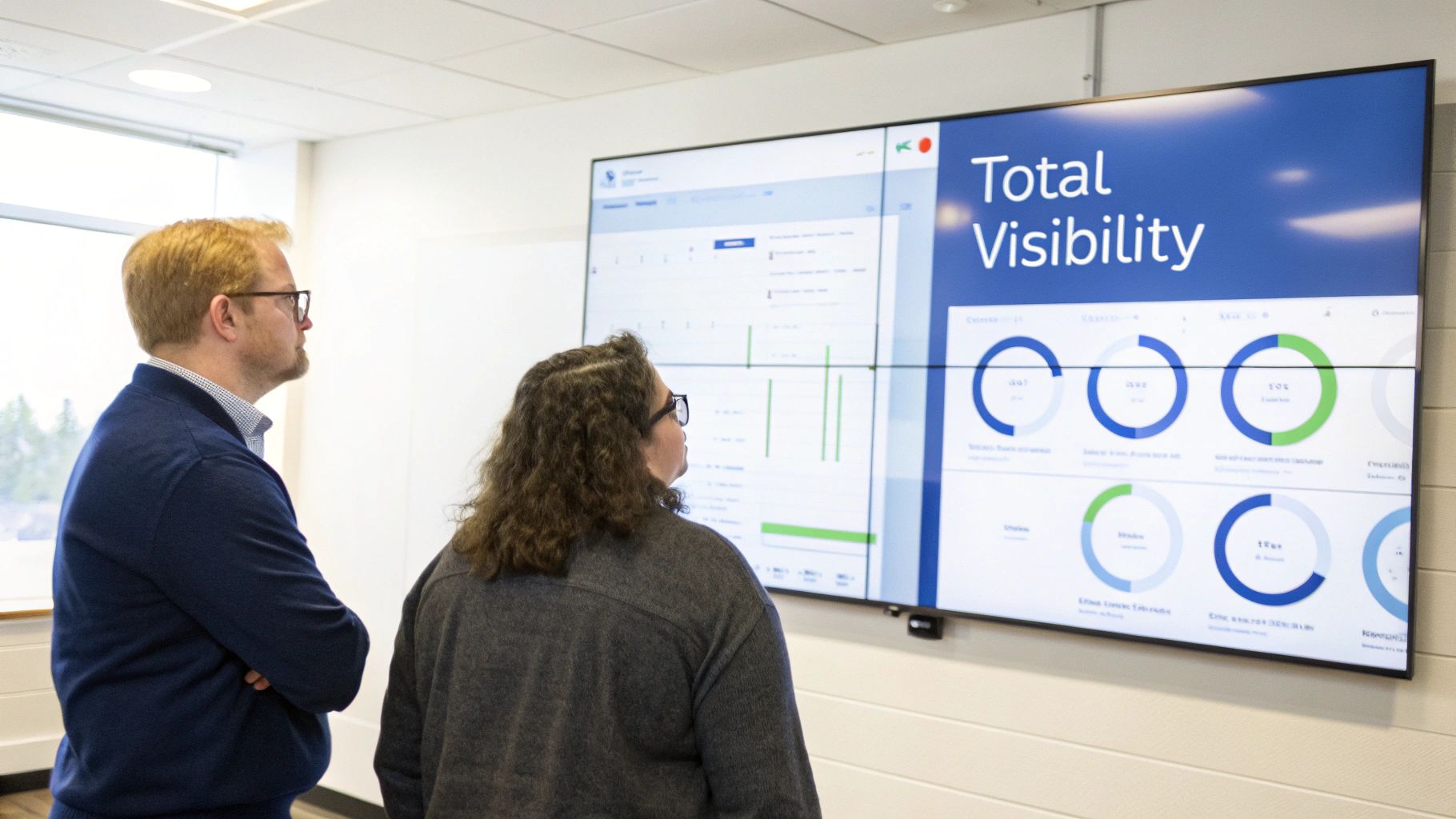 Two colleagues review a large data visualization screen displaying "Total Visibility" and various charts.
