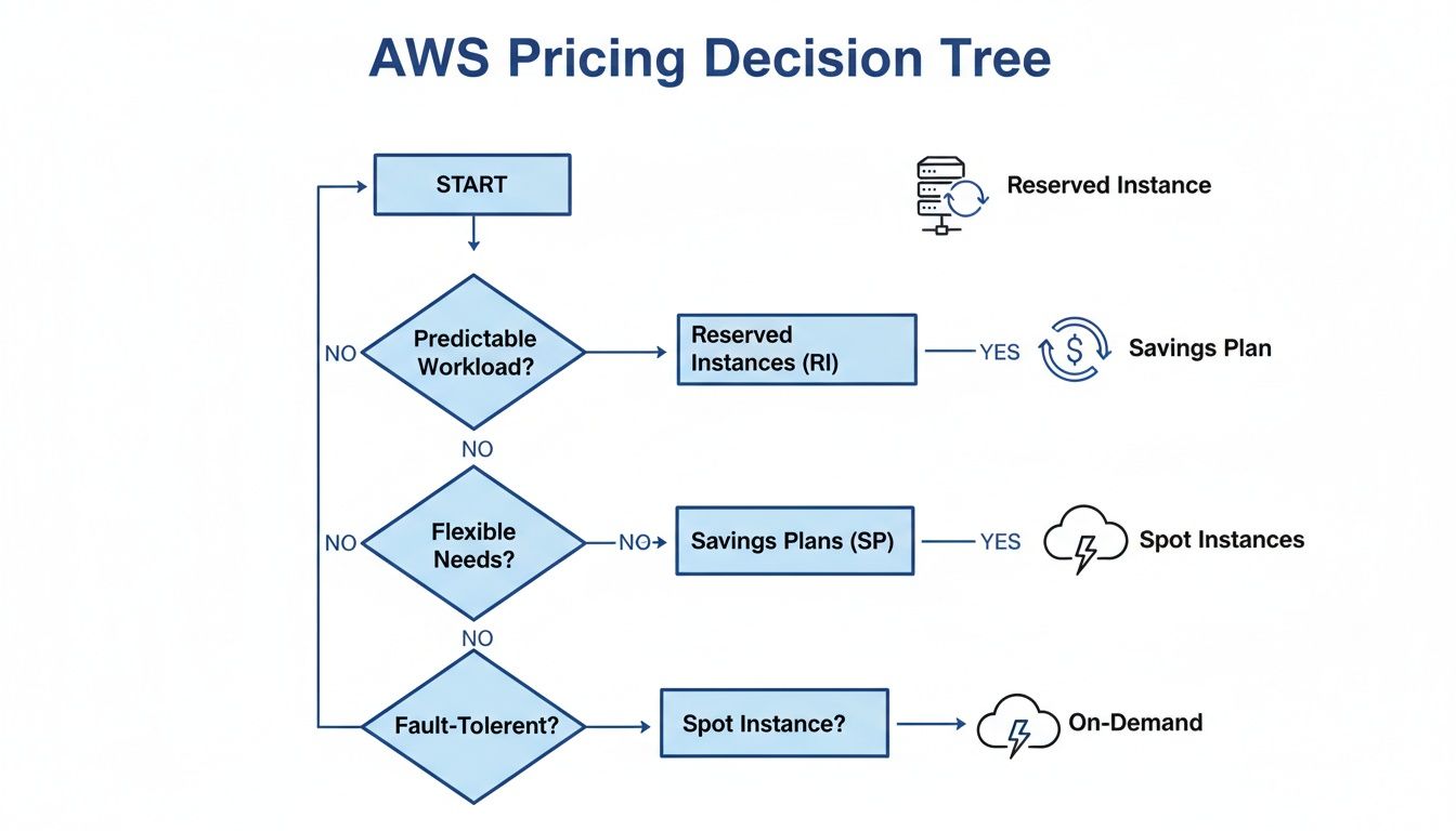 AWS pricing decision tree flowchart guiding users through options like Reserved Instances, Savings Plans, Spot, and On-Demand based on workload characteristics.