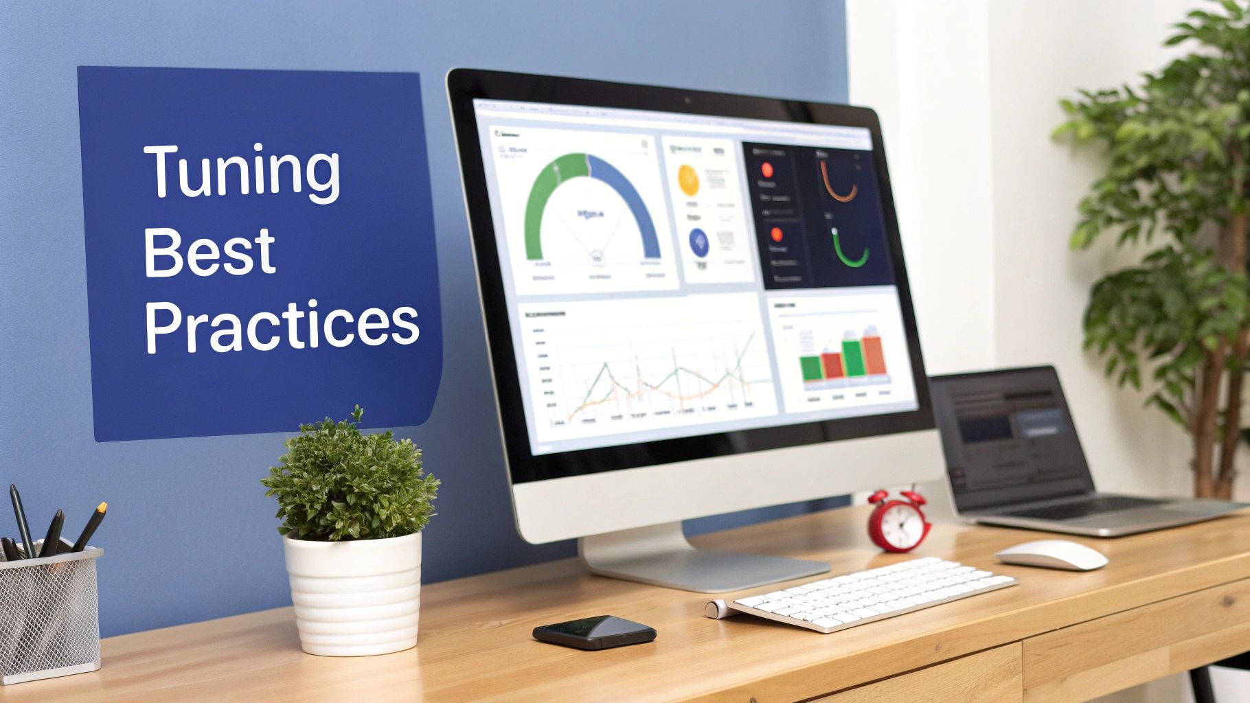 A desk setup with a computer showing data dashboards, a laptop, and a note saying 'Tuning Best Practices'.