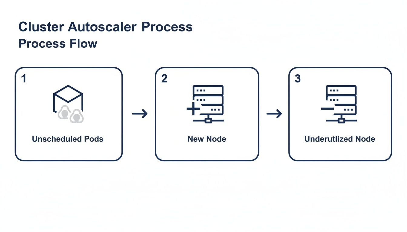 Diagram illustrating the cluster autoscaler process flow: unscheduled pods, new node creation, and underutilized node detection.