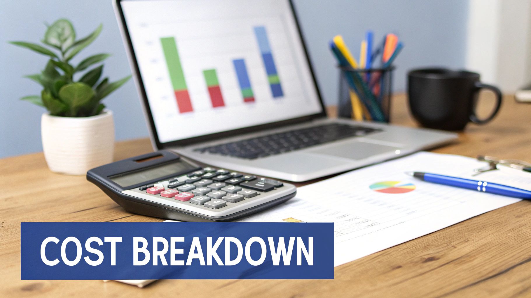 A calculator and a bar chart showing rising costs, symbolizing the process of calculating S3 storage expenses.
