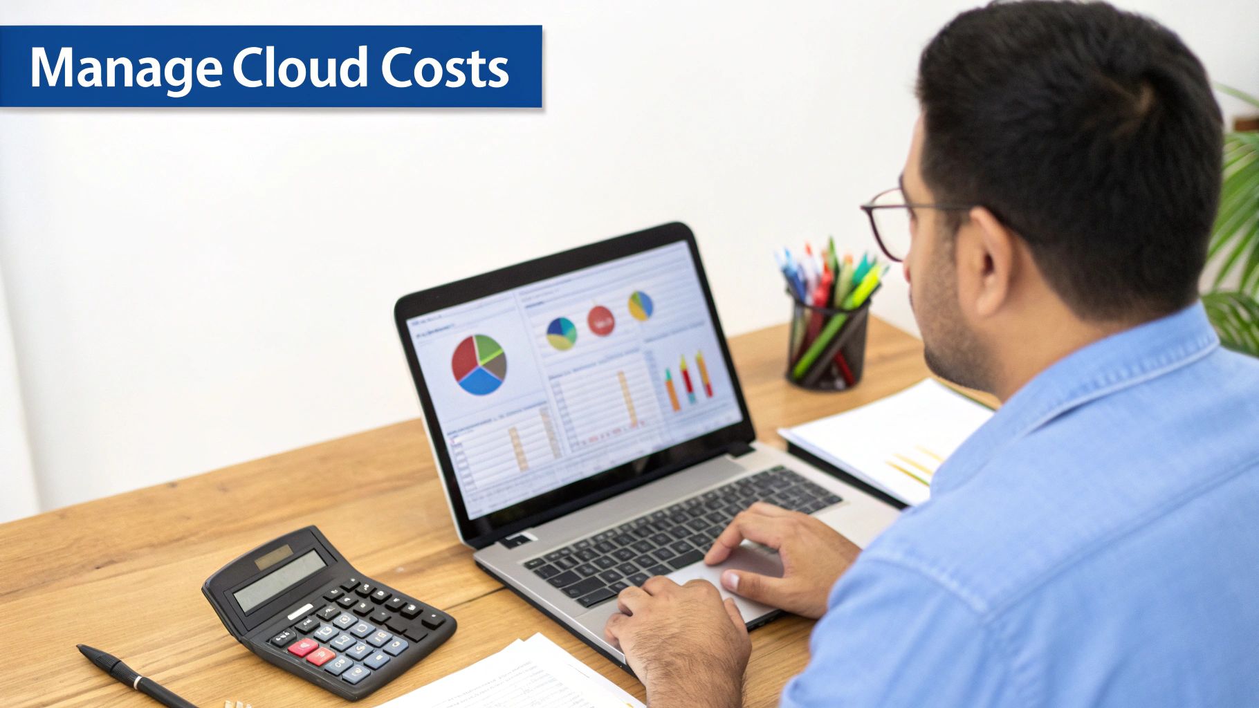 Person managing cloud costs on a laptop displaying financial charts and data on a wooden desk.