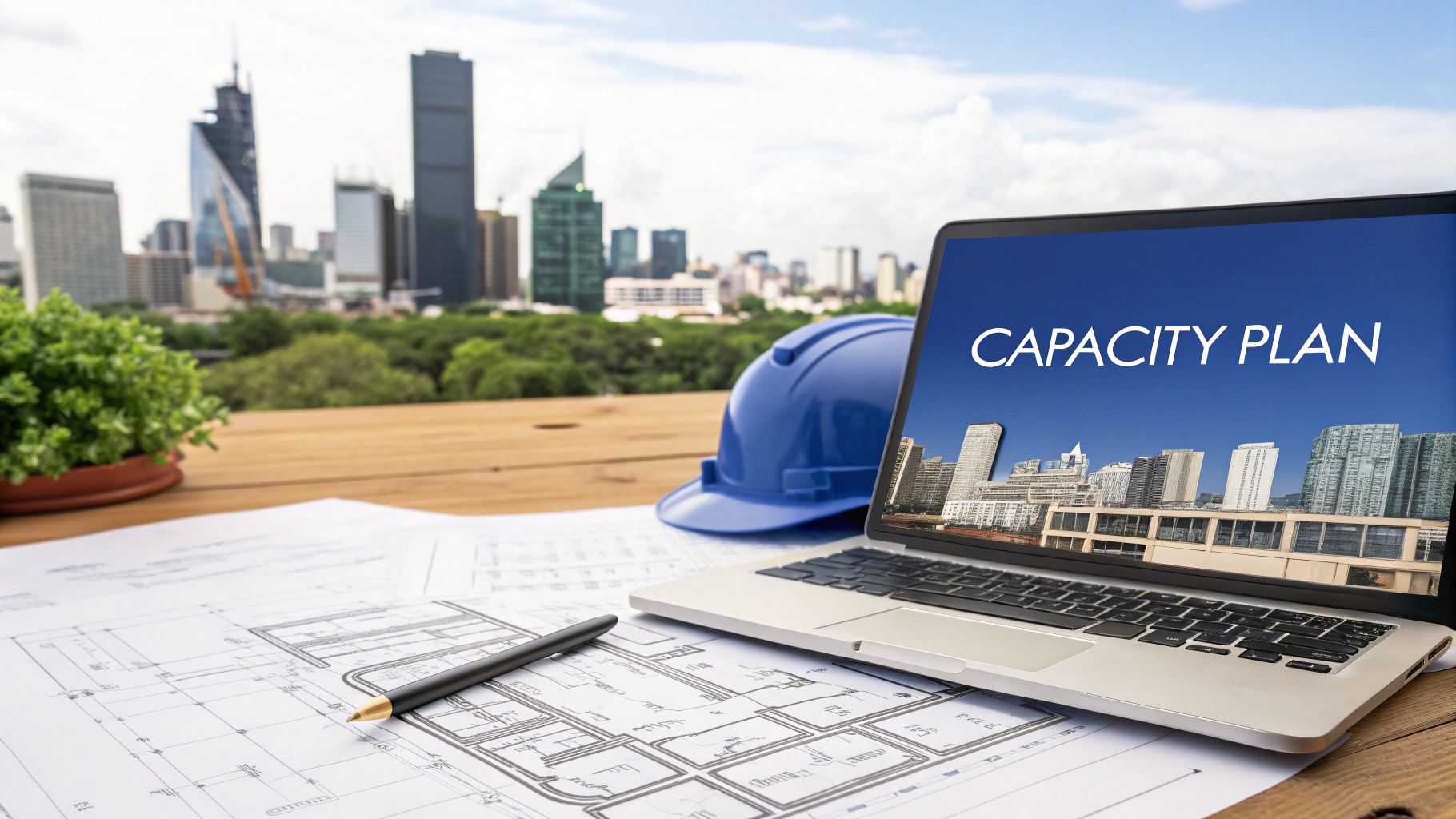 A laptop displays 'CAPACITY PLAN' on a desk with blueprints, a hard hat, and a city skyline.