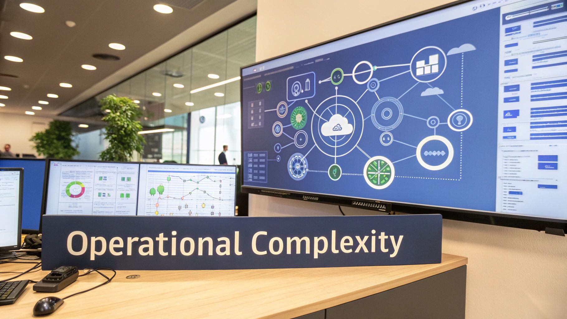 A modern control room with multiple screens displaying data visualizations and a 'Operational Complexity' sign.