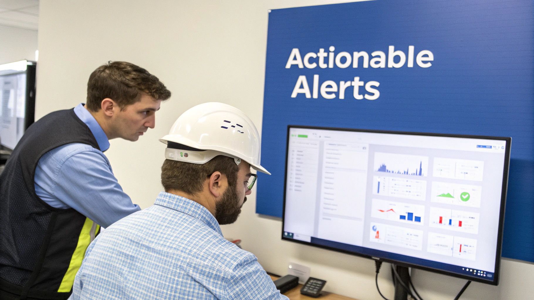Two men, one in a hard hat, review a data monitoring dashboard on a large screen.