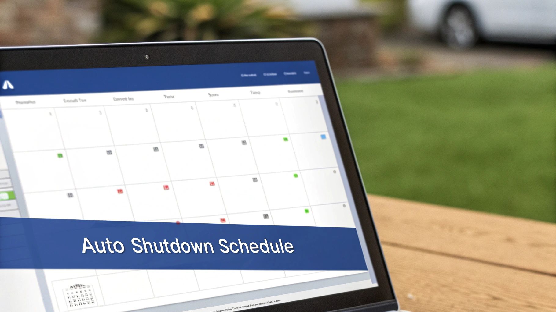 A laptop screen displays a calendar interface with an 'Auto Shutdown Schedule' banner, set outdoors.