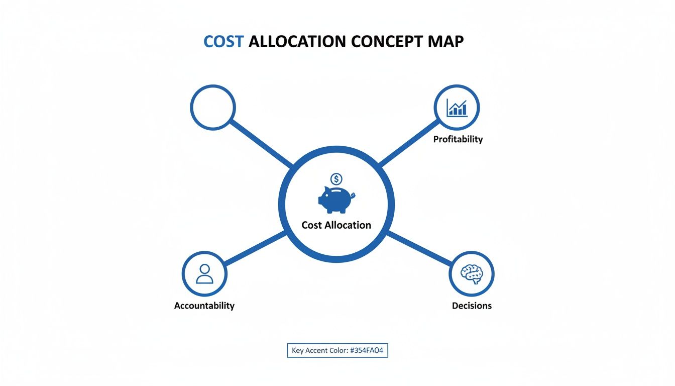 A cost allocation concept map showing its connection to profitability, decisions, and accountability.