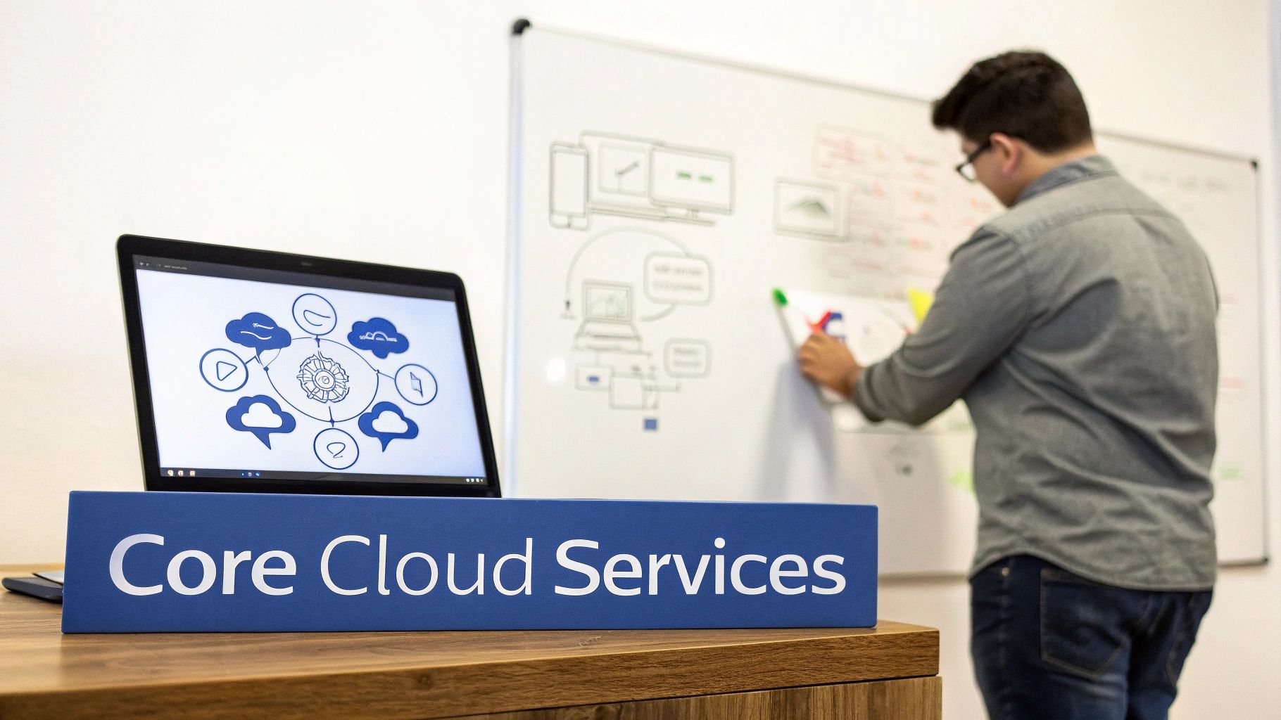 A "Core Cloud Services" sign on a desk, a laptop showing a cloud diagram, and a person working at a whiteboard.