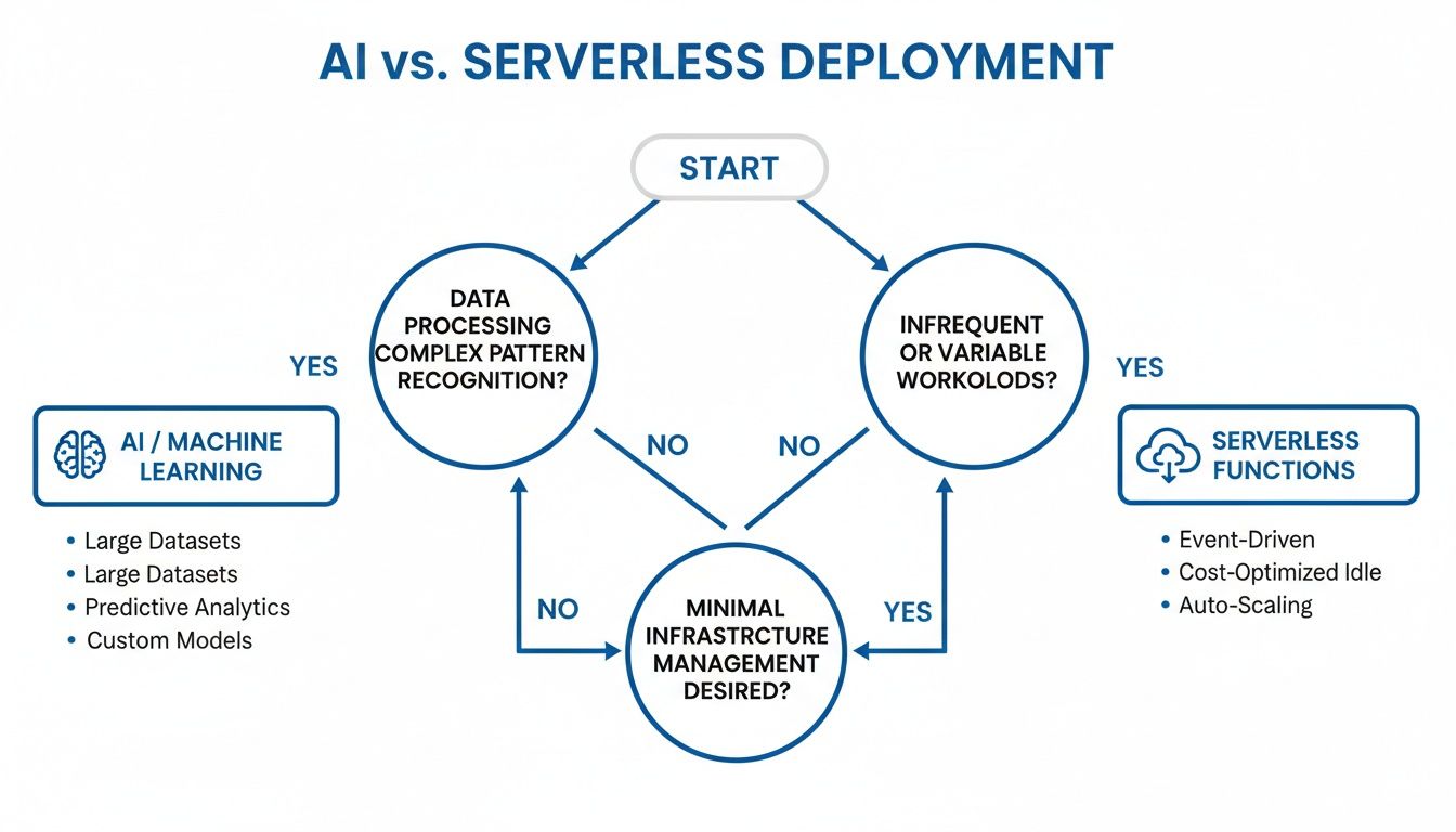 Flowchart comparing AI/Machine Learning and Serverless Functions deployment based on data processing, workloads, and infrastructure management.