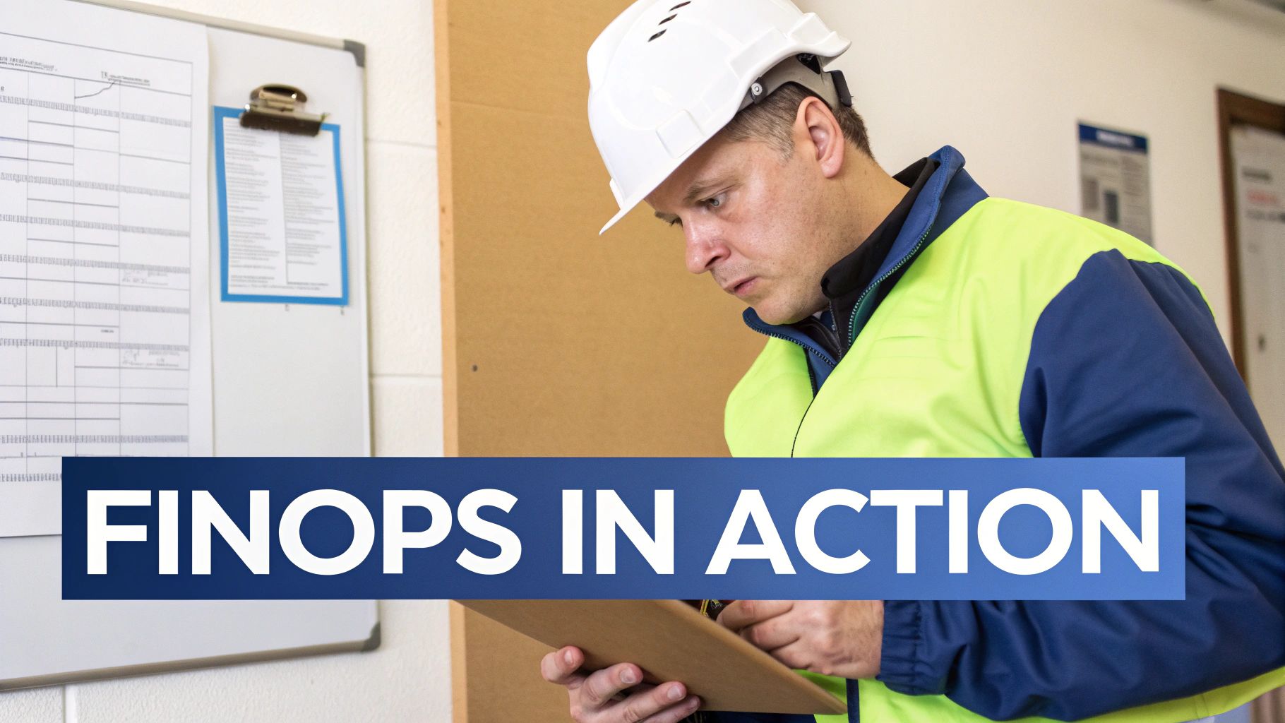 A man in a hard hat and high-visibility jacket writes on a clipboard, with 'FINOPS IN ACTION' overlay.