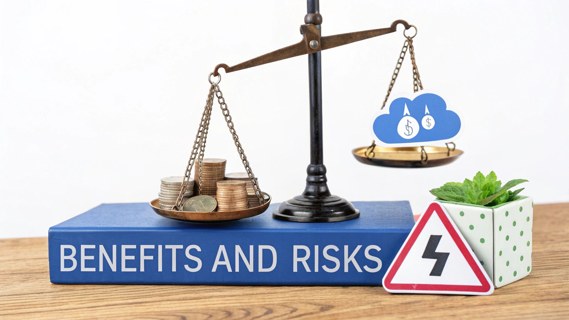 An old scale balances money and a cloud icon, above a 'BENEFITS AND RISKS' book and a warning sign.