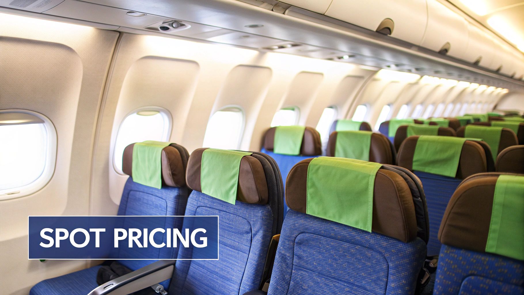 Rows of empty blue and brown airplane seats inside a modern aircraft cabin with a 'SPOT PRICING' overlay.