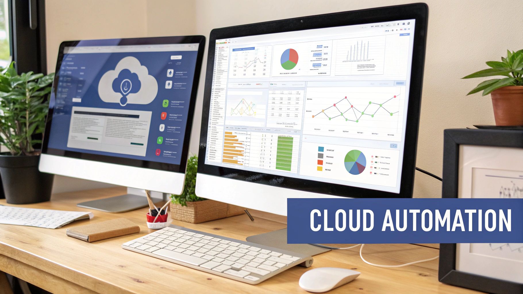 Two computer monitors on a wooden desk displaying cloud automation software and data analytics dashboards.