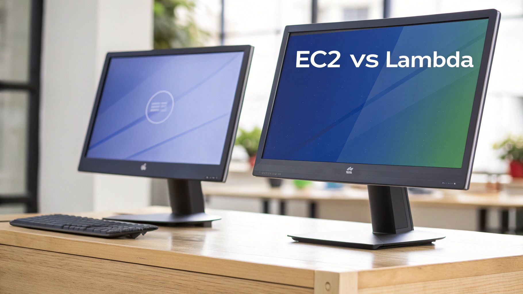 Two computer monitors on a wooden desk, one displaying 'EC2 vs Lambda', representing cloud computing comparison.