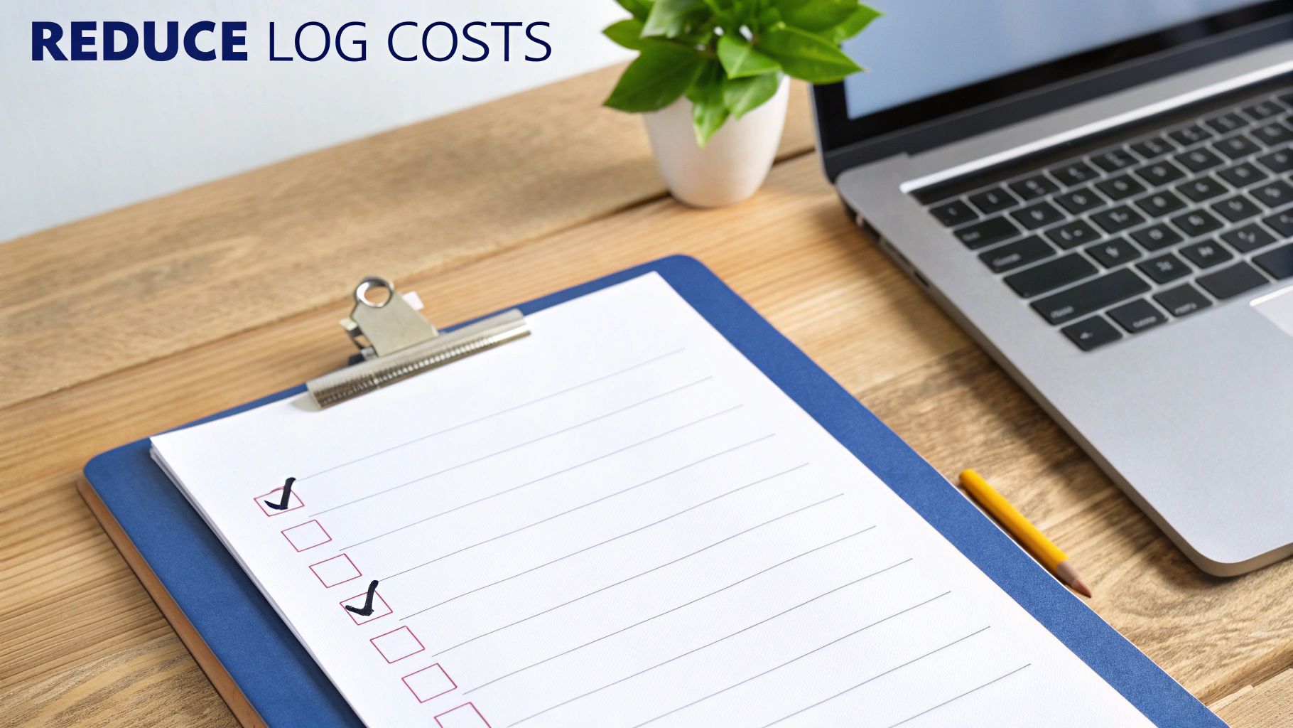 A desk with a checklist on a clipboard, a laptop, and a plant, with 'REDUCE LOG COSTS' text.