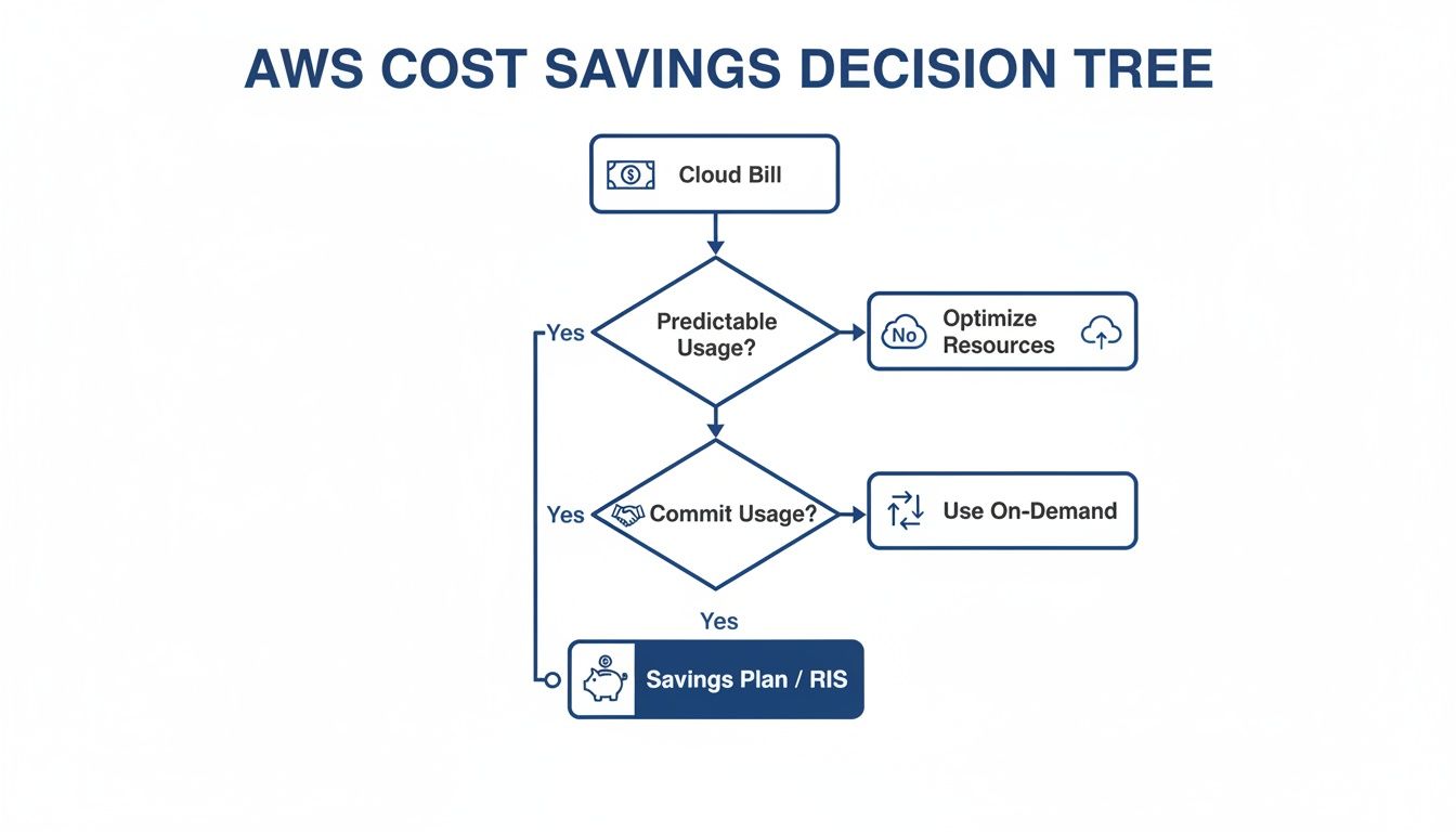 Flowchart detailing AWS cost savings strategies, including resource optimization, on-demand, and savings plans.