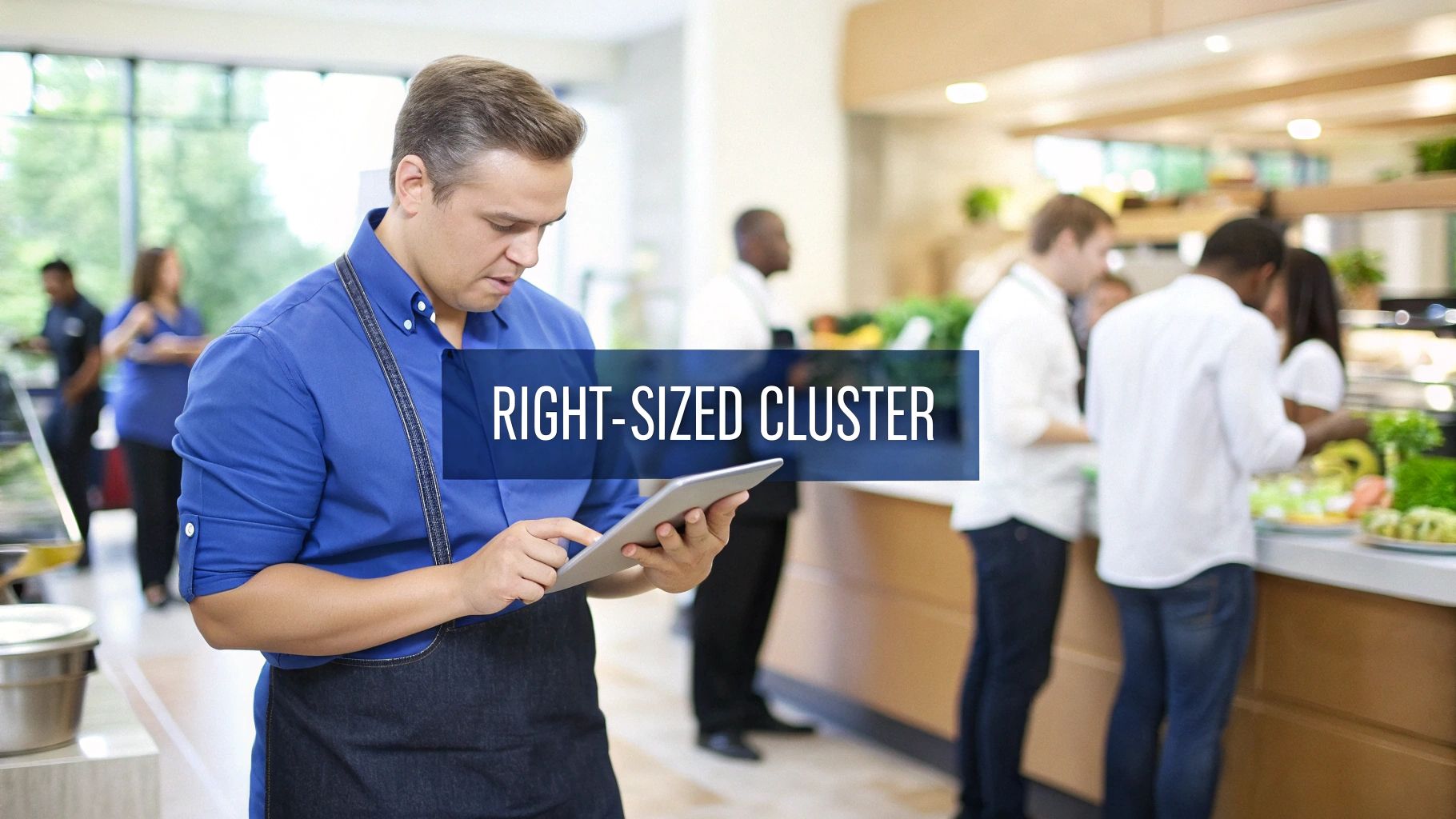 A male food service worker in a blue shirt and apron uses a tablet, with 'RIGHT-SIZED CLUSTER' text over a blurred cafeteria scene.