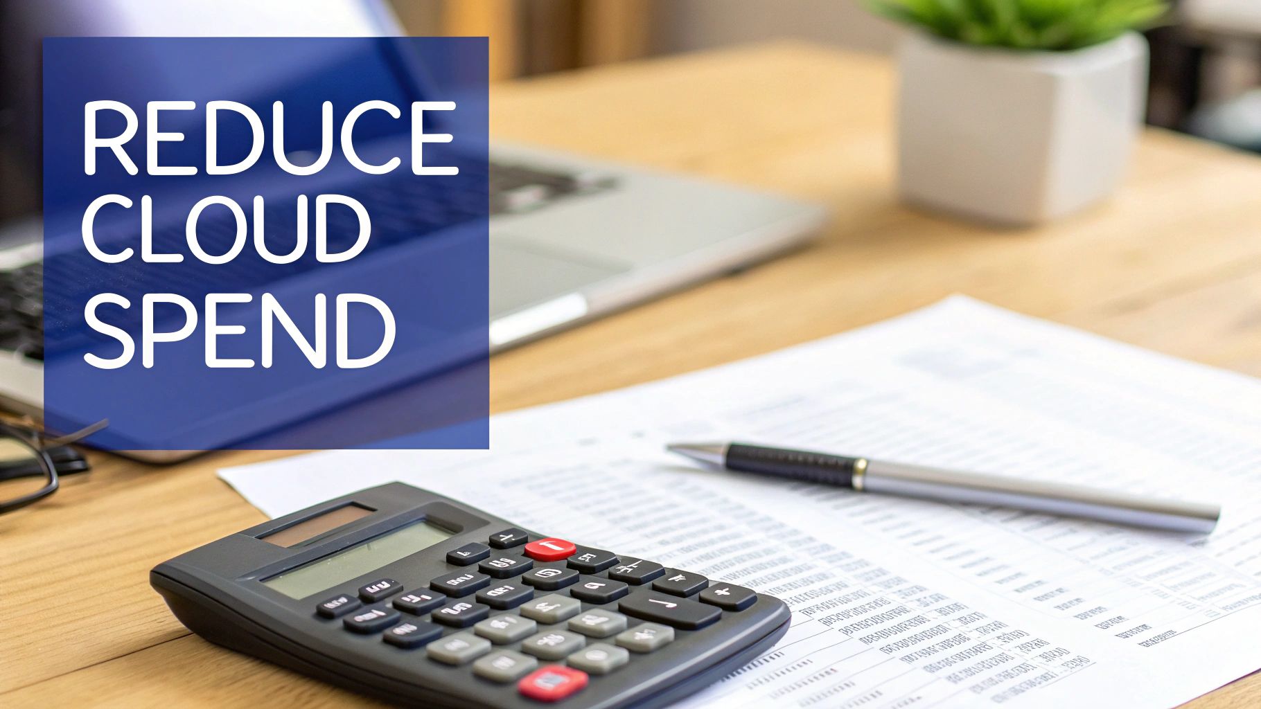 Text 'REDUCE CLOUD SPEND' overlaid on a desk with a calculator, pen, and financial documents, symbolizing cost optimization.