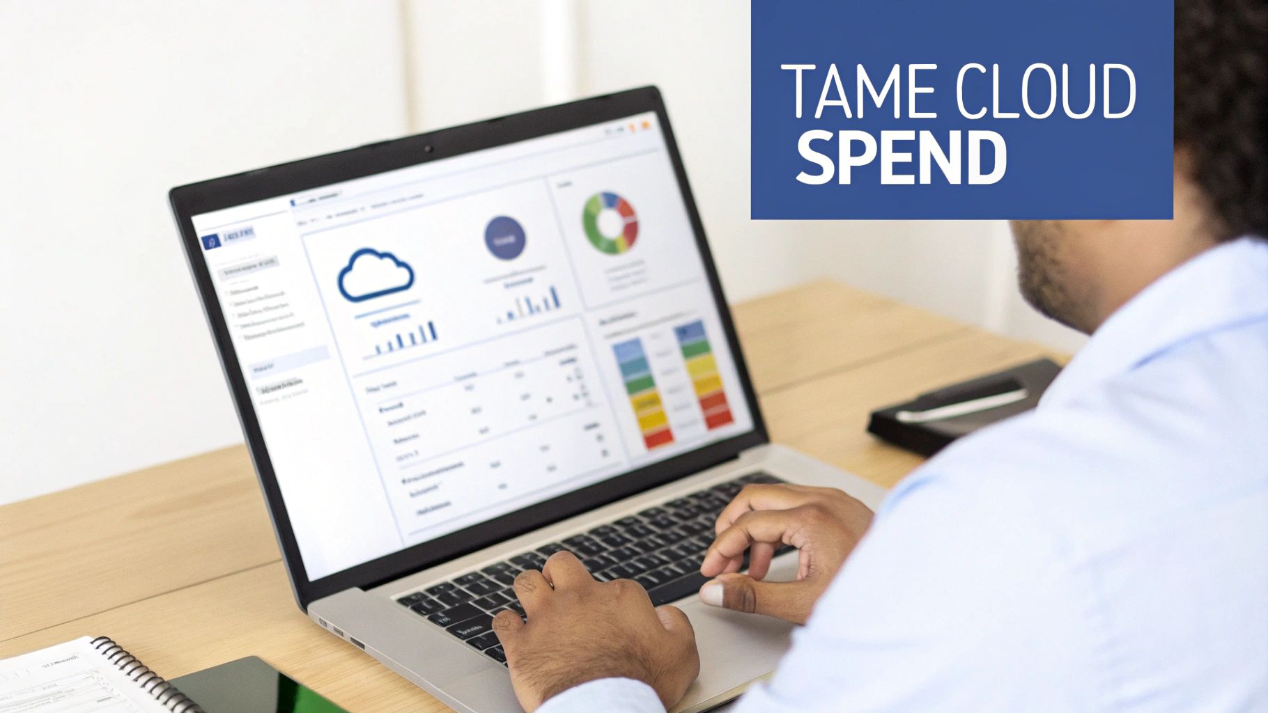Person using a laptop showing a cloud dashboard with charts and a cloud icon, text says 'TAME CLOUD SPEND'.