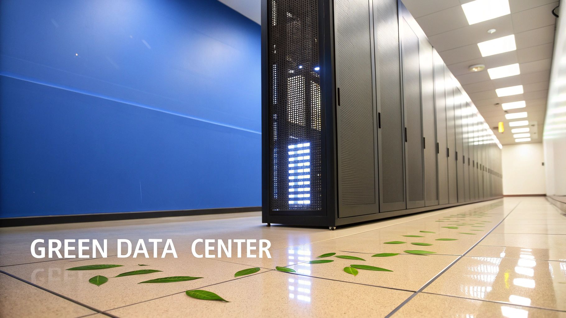 A modern data center aisle featuring server racks, a blue wall, and green leaves on the floor, promoting sustainability.