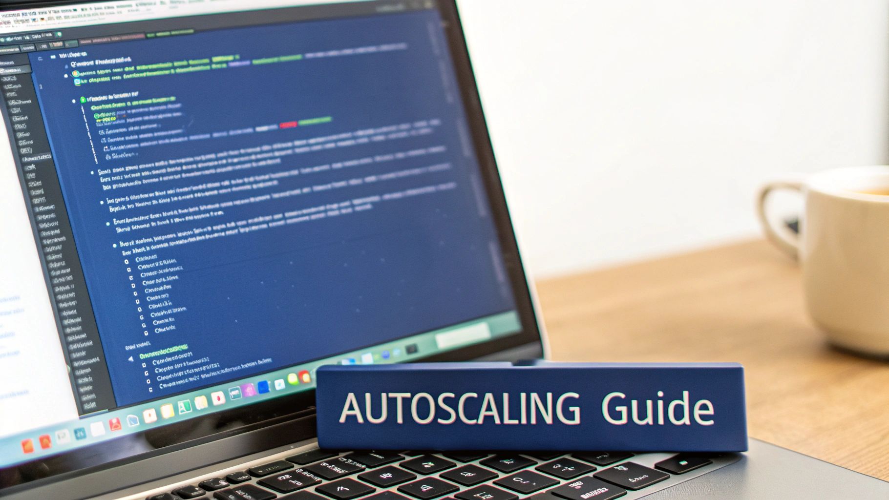 A laptop displaying code on a screen, with a blue 'AUTOSCALING Guide' block on the keyboard.