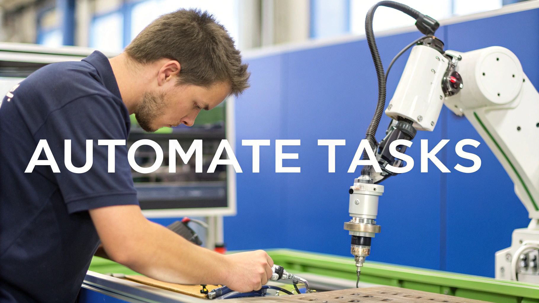 A man works alongside a robotic arm in an industrial setting, symbolizing task automation.