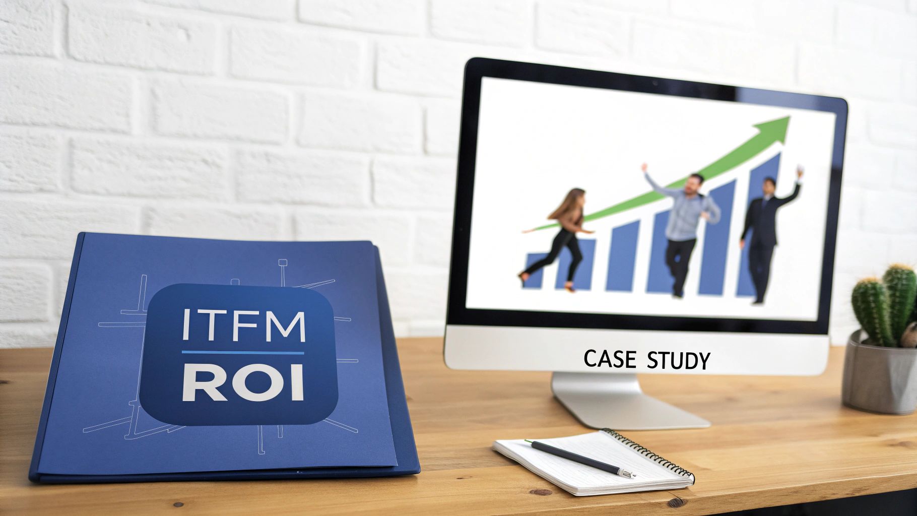 A folder with "ITFM ROI" next to a computer showing a "CASE STUDY" with a growth chart and successful business people.