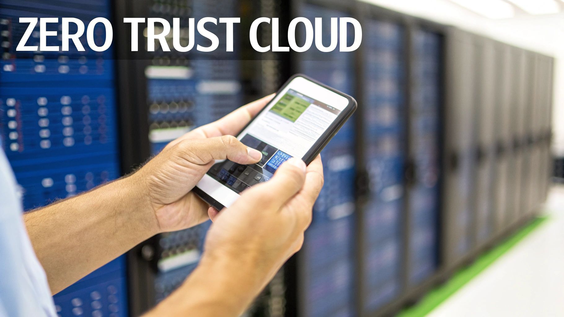 Professional using smartphone to access zero trust cloud security system in modern data center