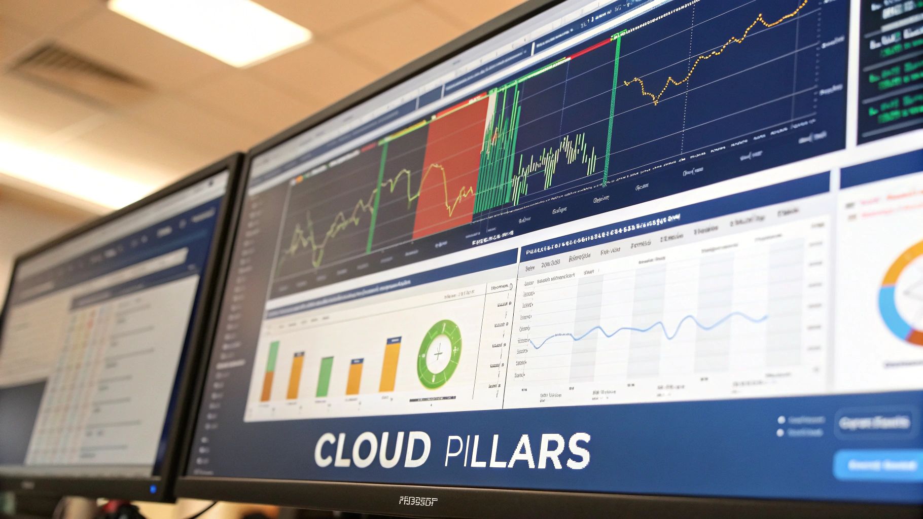 A detailed dashboard showing various metrics like performance, security, and cost analytics for a cloud environment.