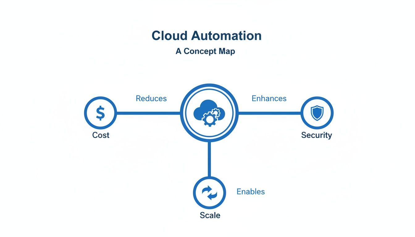 Concept map illustrating cloud automation's benefits: cost reduction, security enhancement, and improved scalability.