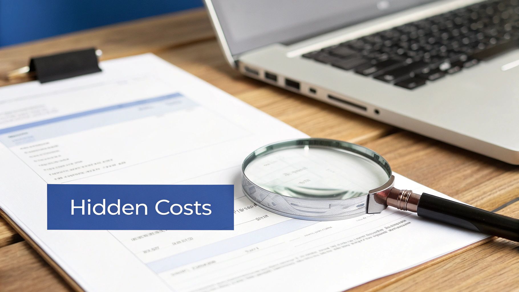A magnifying glass inspecting a document with 'Hidden Costs' text, symbolizing financial scrutiny.