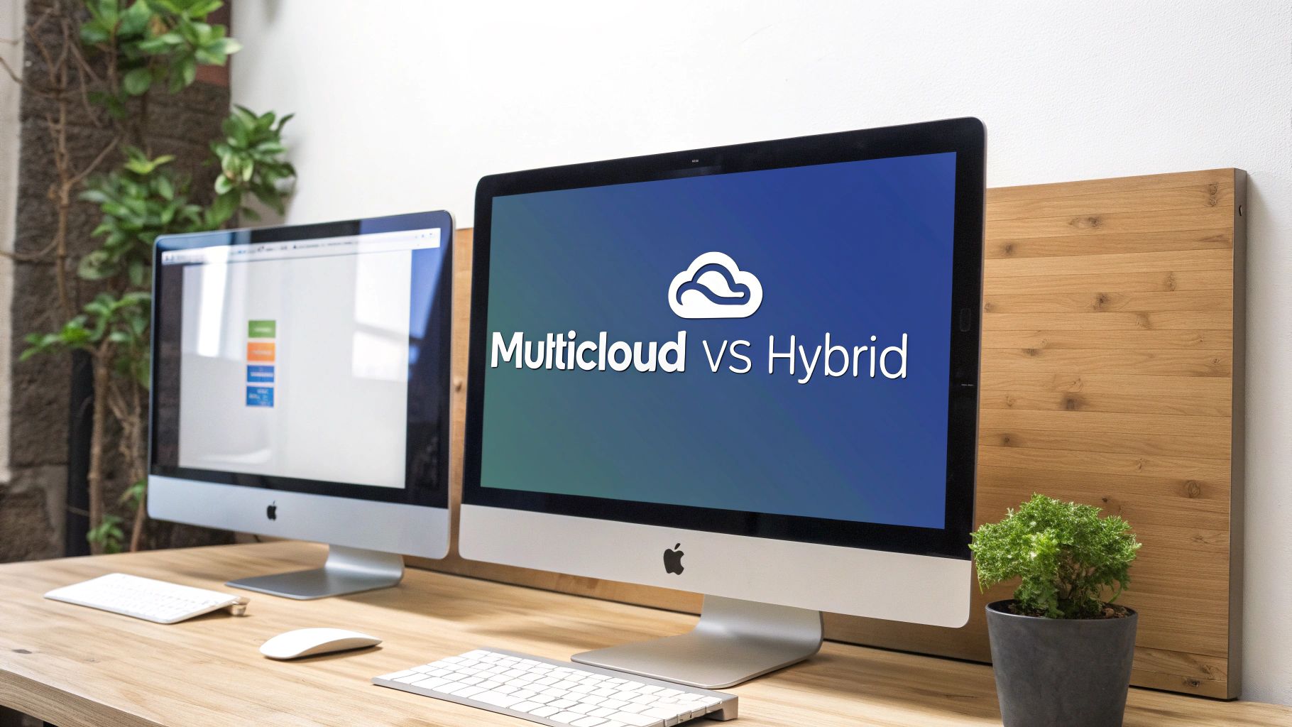 Two Apple iMac computers on a wooden desk, one displaying 'Multicloud vs Hybrid' with a cloud icon.