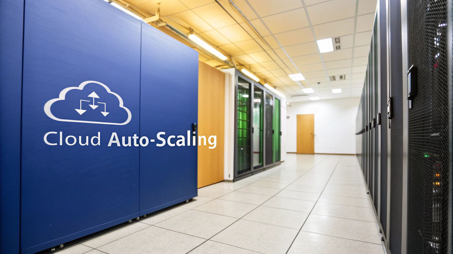 A brightly lit data center aisle featuring a blue server rack with 'Cloud Auto-Scaling' text and cloud icon, alongside rows of other server cabinets.