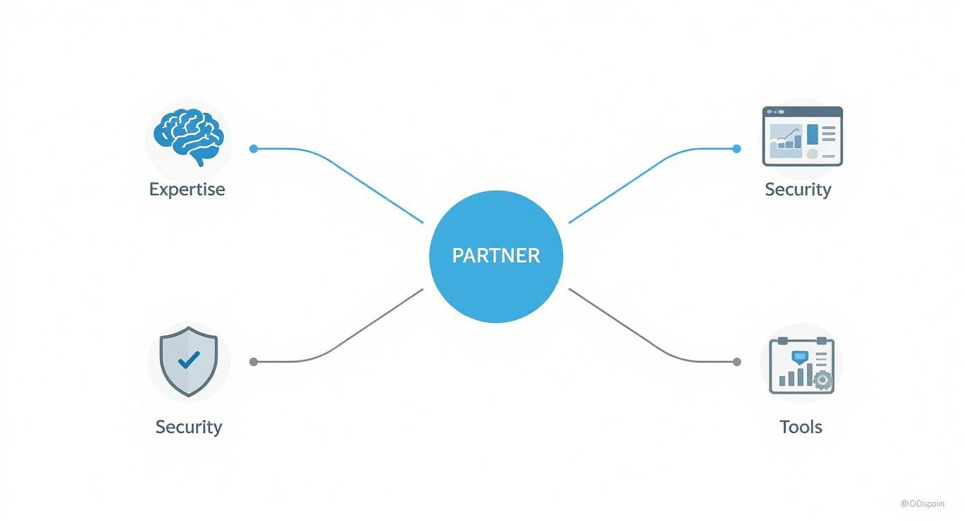 A hub-and-spoke diagram shows a central 'PARTNER' connected to 'Expertise,' 'Security' (with two different icons), and 'Tools.'