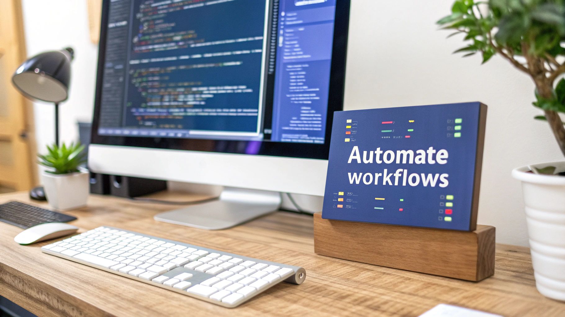 A modern developer's desk featuring a computer with code, a keyboard, mouse, and an 'Automate workflows' sign.