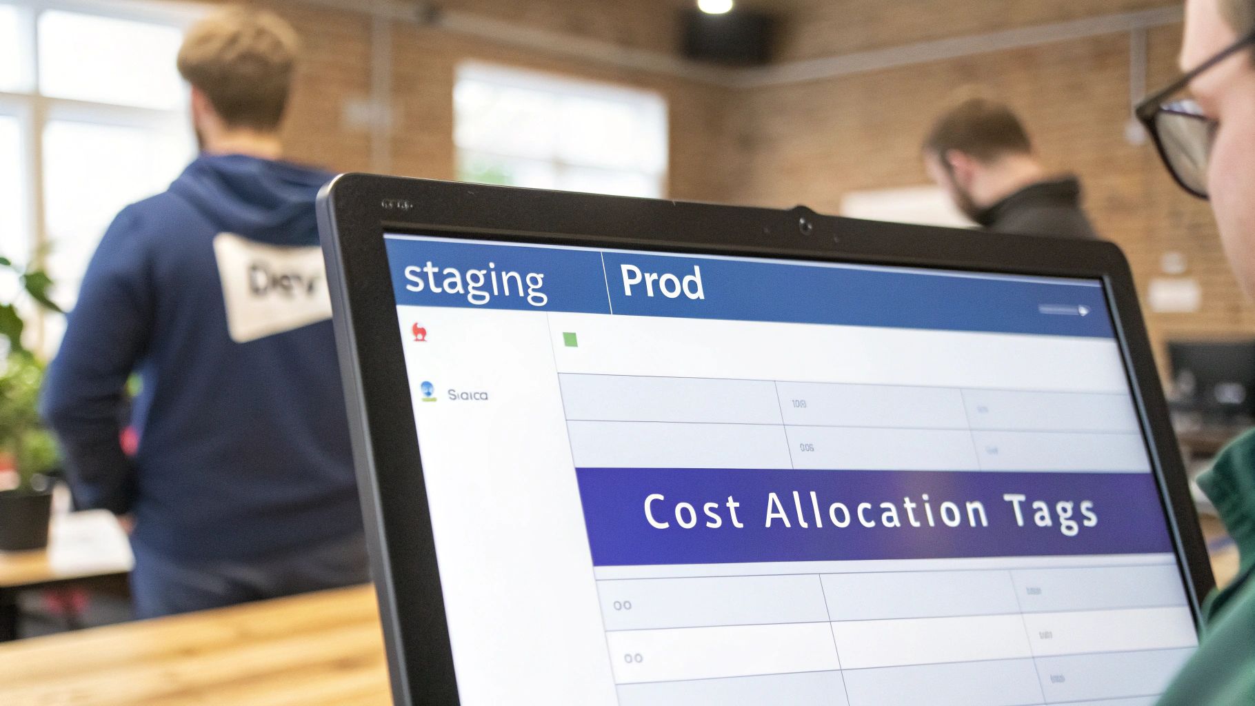 A person views 'Cost Allocation Tags' on a laptop screen, likely managing cloud costs.